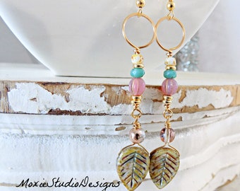 3.25" LONG Beaded Earrings, Pink Boho Chic Earrings, Gold Boho Dangle Earrings, Bohemian Earrings, Hippie Earrings, pink and gold