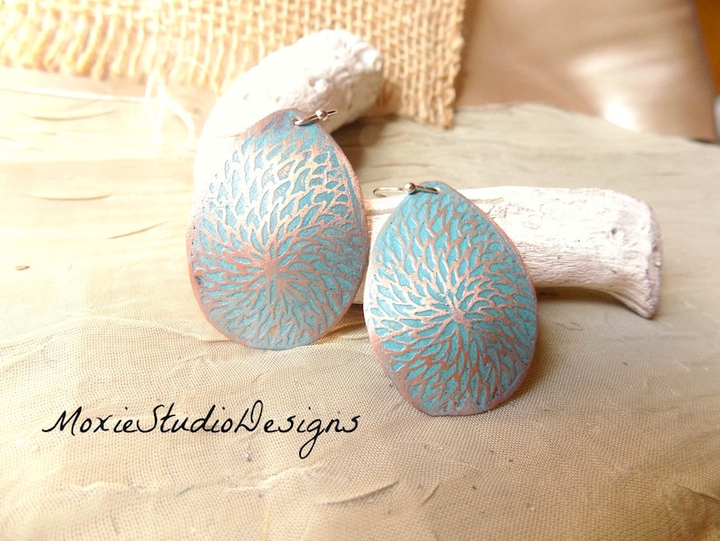 Turquoise and Copper Earrings , Unique Earrings, Artisan Earrings, Boho Copper, Bohemian Earrings, Boho Earrings, Etched Copper Earrings image 2