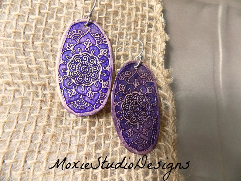 Purple Mandala Earrings, Copper Boho Earrings, Etched Copper Earrings, Rustic Earrings, Ethnic Earrings, Unique Earrings image 2