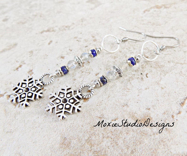 Boho Snowflake Silver Dangle Earrings, Labradorite and Lapis Lazuli Earrings, Winter Dangle Earrings, Bohemian Earrings image 3