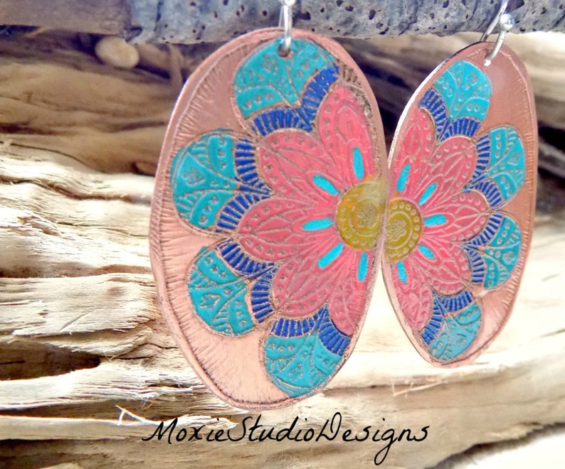 Colorful Hippie Flower Earrings Copper Boho Earrings Etched Etsy