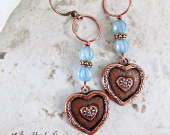 Boho Heart Dangle Earrings, Copper Dangle Earrings, Bohemian Earrings, Hippie Earrings, Valentine Earrings