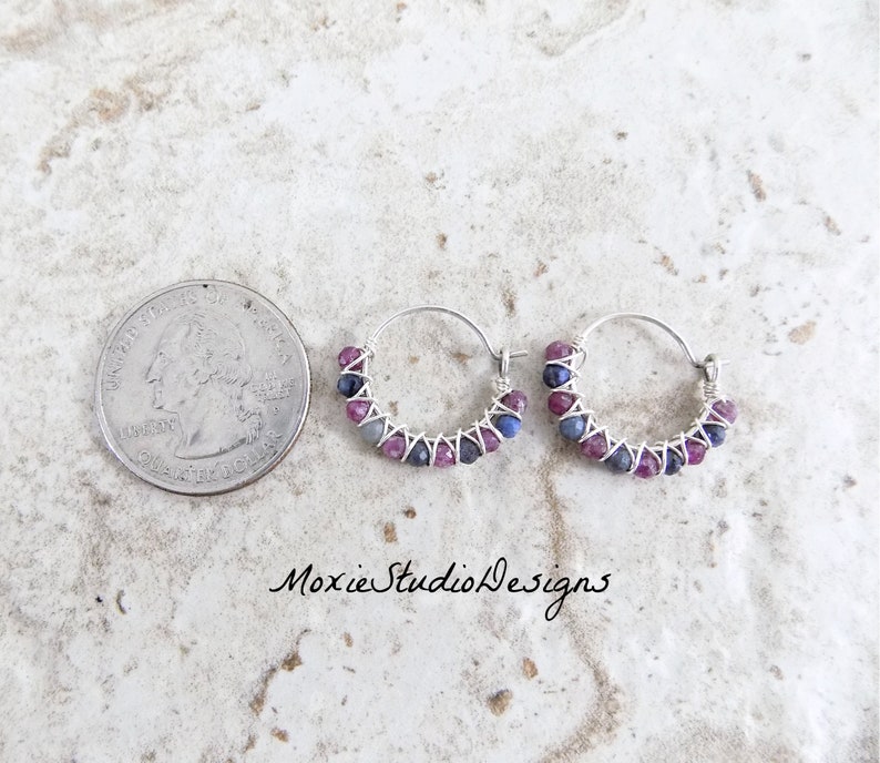 Tiny RAW Gemstone Hoops, Raw Sapphire and Ruby Earrings, Dainty Gemstone hoop Earrings, Artisan Hoops, Gemstone Earrings, Boho Jewelry image 6