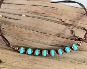 Boho Gemstone Choker, Turquoise Leather Necklace, Boho Choker, Boho Jewelry, Bohemian Necklace