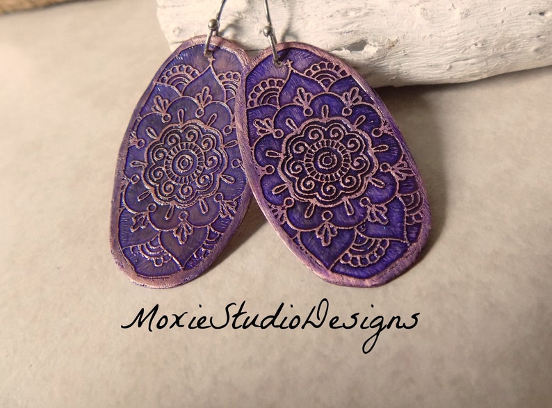 Purple Mandala Earrings, Copper Boho Earrings, Etched Copper Earrings, Rustic Earrings, Ethnic Earrings, Unique Earrings image 1