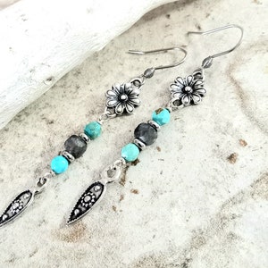 Silver Dangle Earrings, Turquoise and Labradorite, Gemstone Dangle Earrings, Gemstone Boho Earrings, Silver and Turquoise Earrings image 1