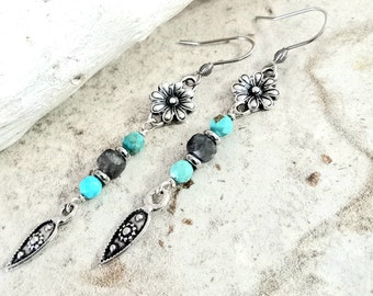 Silver Dangle Earrings, Turquoise and Labradorite, Gemstone Dangle Earrings, Gemstone Boho Earrings, Silver and Turquoise Earrings