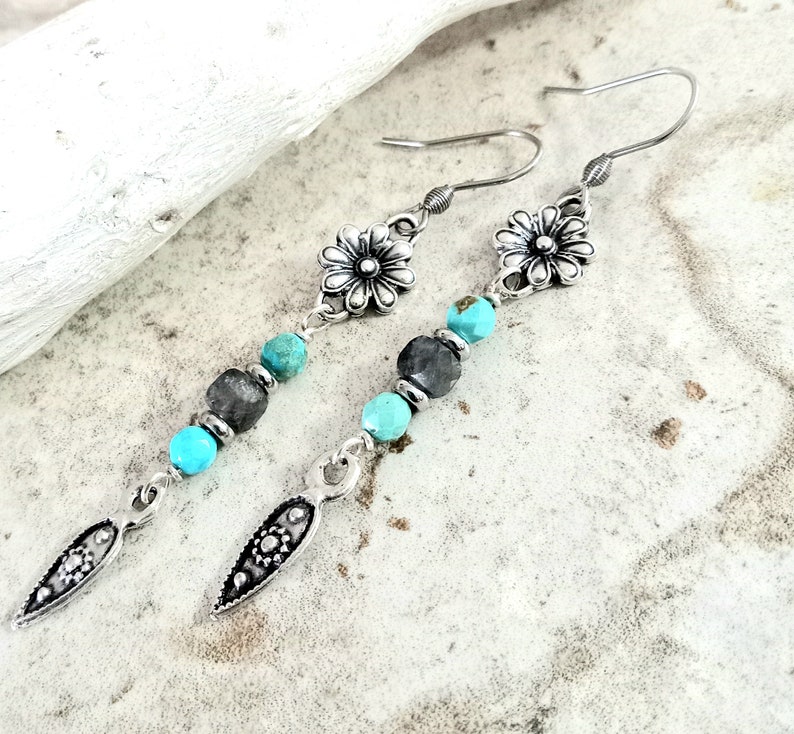 Silver Dangle Earrings, Turquoise and Labradorite, Gemstone Dangle Earrings, Gemstone Boho Earrings, Silver and Turquoise Earrings image 1