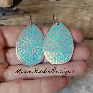 Turquoise and Copper Earrings , Unique Earrings, Artisan Earrings, Boho Copper, Bohemian Earrings, Boho Earrings, Etched Copper Earrings image 5