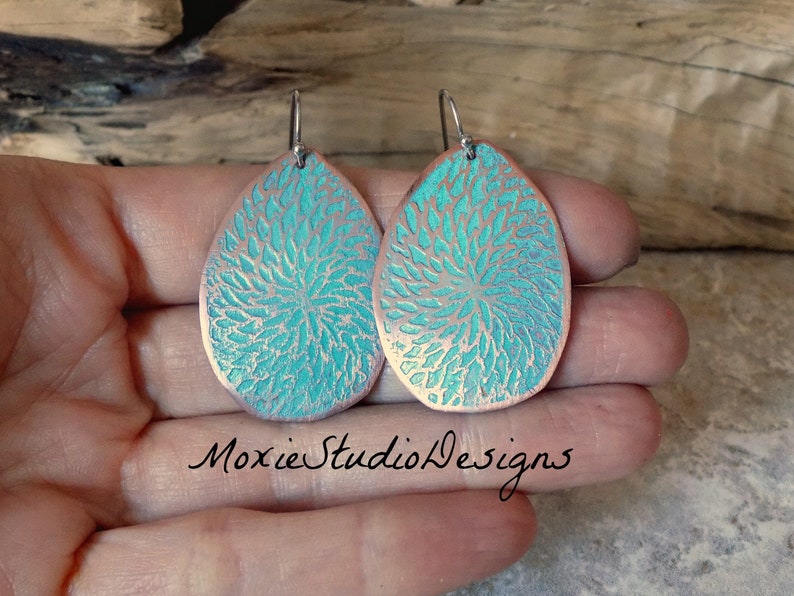 Turquoise and Copper Earrings , Unique Earrings, Artisan Earrings, Boho Copper, Bohemian Earrings, Boho Earrings, Etched Copper Earrings image 5