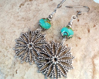 Silver Filagree Earrings, Aqua Blue Dangle Earrings, Silver Mandala earrings, Snowflake Charm Earrings