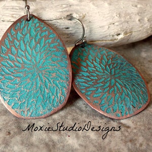 Turquoise and Copper Earrings , Unique Earrings, Artisan Earrings, Boho Copper, Bohemian Earrings, Boho Earrings, Etched Copper Earrings image 1