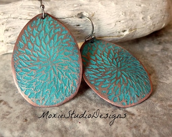 Turquoise and Copper Earrings , Unique Earrings, Artisan Earrings, Boho Copper, Bohemian Earrings, Boho Earrings, Etched Copper Earrings