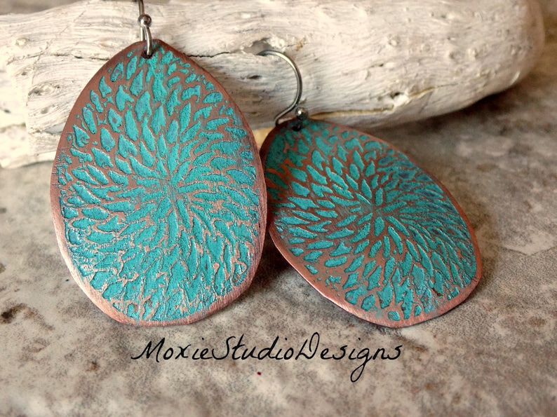 Turquoise and Copper Earrings , Unique Earrings, Artisan Earrings, Boho Copper, Bohemian Earrings, Boho Earrings, Etched Copper Earrings image 1