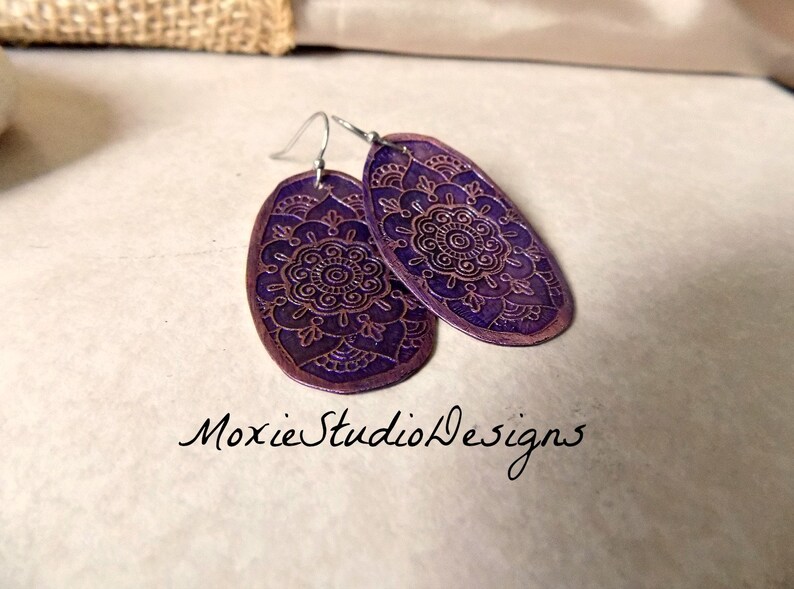 Purple Mandala Earrings, Copper Boho Earrings, Etched Copper Earrings, Rustic Earrings, Ethnic Earrings, Unique Earrings image 3