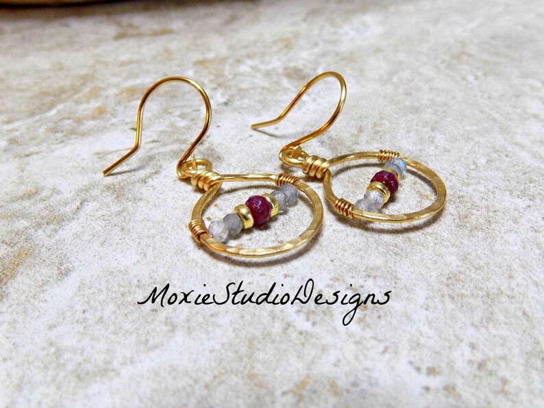 Dainty Gold Hoops Labradorite and Ruby Earrings,14K Gold and Ruby Earrings Small Boho Earrings Ruby Boho Earrings