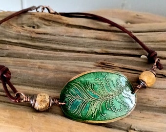 Green Leaf Choker, Boho Leather Choker Necklace, Boho Choker, Boho Jewelry, Bohemian Necklace