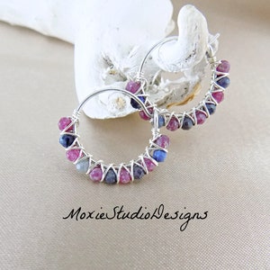 Tiny RAW Gemstone Hoops, Raw Sapphire and Ruby Earrings, Dainty Gemstone hoop Earrings, Artisan Hoops, Gemstone Earrings, Boho Jewelry image 1