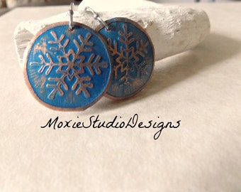 Blue Snowflake Earrings, Rustic Snowflake Copper Earrings, Holiday Earrings, Winter Light weight earrings, Etched Copper Earrings