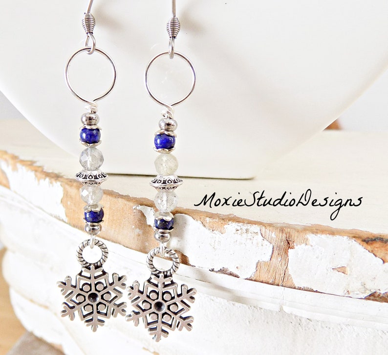 Boho Snowflake Silver Dangle Earrings, Labradorite and Lapis Lazuli Earrings, Winter Dangle Earrings, Bohemian Earrings image 4