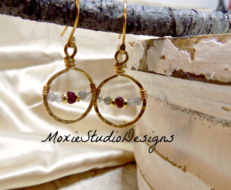 Dainty Gold Hoops Labradorite and Ruby Earrings,14K Gold and Ruby Earrings Small Boho Earrings Ruby Boho Earrings