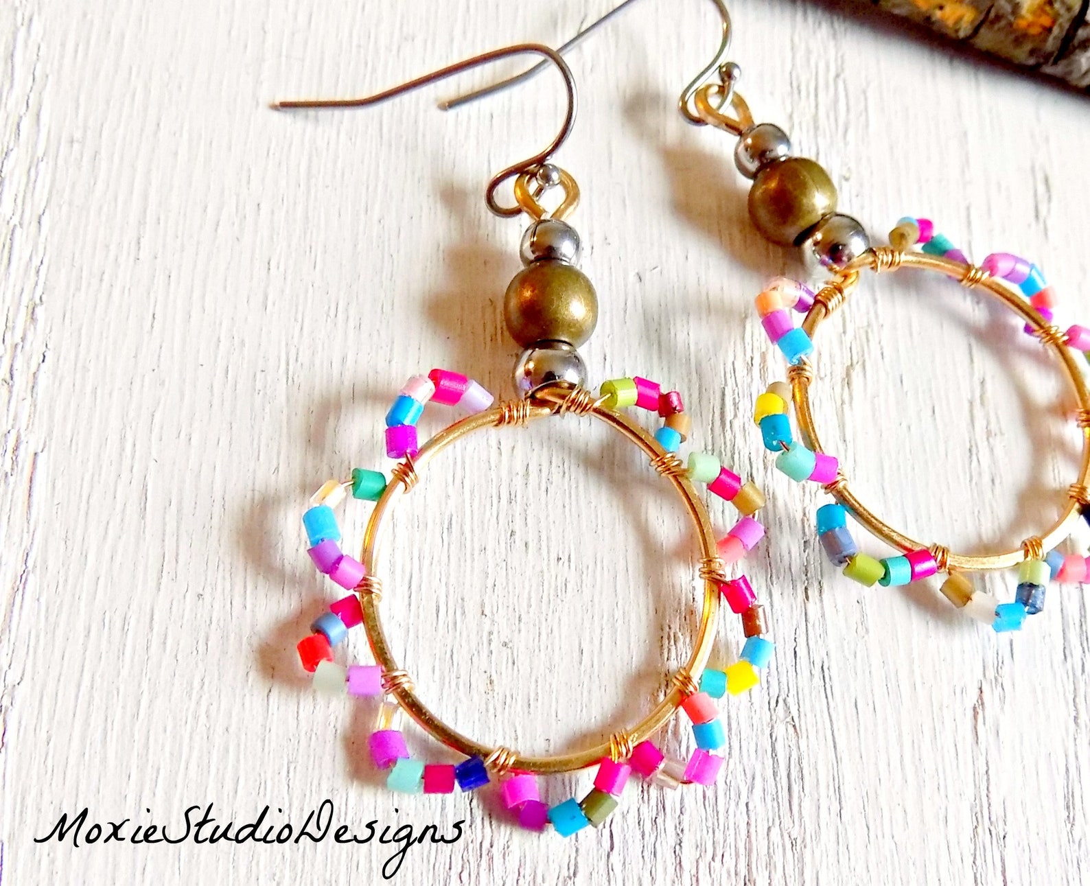 Colorful Beaded Hippie Hoop Earrings Boho Dangle Earrings Etsy
