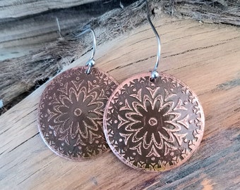 Copper Boho Earrings, Rustic Etched Copper Earrings, Ethnic Earrings, Light weight earrings, Statement Earrings, Every day Earrings