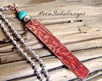 Etched Copper Bar Necklace, Long boho Necklace, Boho Jewelry, Mixed Metal Necklace, Necklaces for Women, Artisan Necklace