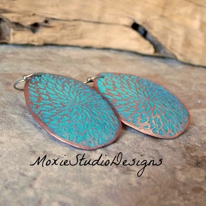Turquoise and Copper Earrings , Unique Earrings, Artisan Earrings, Boho Copper, Bohemian Earrings, Boho Earrings, Etched Copper Earrings image 4