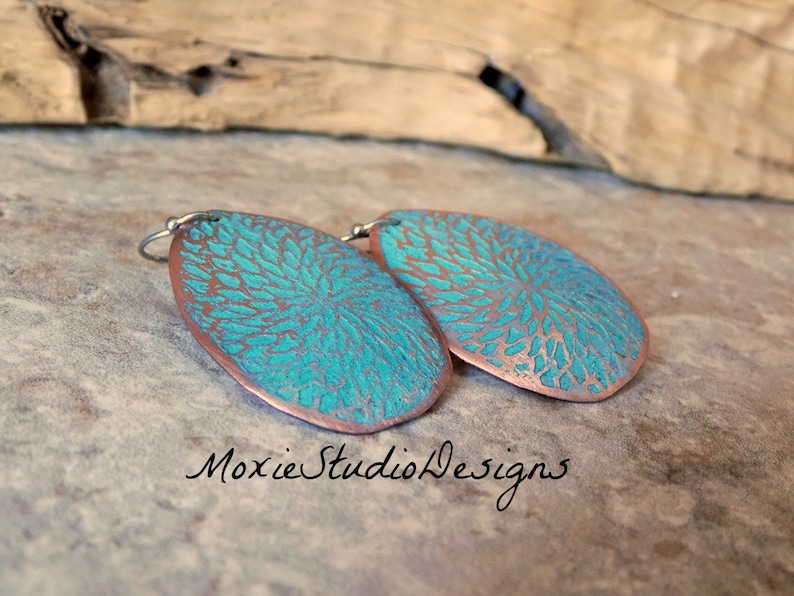 Turquoise and Copper Earrings , Unique Earrings, Artisan Earrings, Boho Copper, Bohemian Earrings, Boho Earrings, Etched Copper Earrings image 4