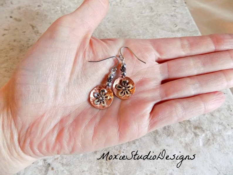 Silver and Copper Earrings, Mixed Metal Earrings, Dainty Earrings, Lightweight earrings, Artisan Earrings, Copper and Silver earrings image 6