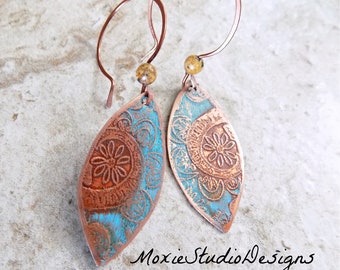 Rustic Flower Earrings, Hand Etched and Painted, Boho Dangle Earrings, Statement Earrings, Hippie Earrings, Unique Earrings