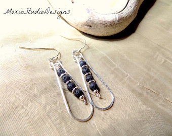 Lava Stone Earrings, Dangle Earrings, Black and Silver Earrings, Black Lava earrings, Artisan Earrings, Boho Jewelry, Lava Stone Earrings