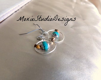 Small Boho Mixed Metal Earrings, Silver and Turquoise Earrings, Silver Boho Earrings, Bohemian Earrings, Light Weight Earrings