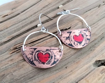 Small 1 inch Heart Hoops, Etched Copper Heart Earrings, Valentine Earrings, Rustic Heart Earrings, Boho Jewelry, Valentine Heart Earrings