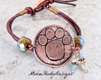 Copper Paw Print Bracelet, Rustic Boho leather bracelet, Animal Lover Gift, Boho Bracelet, Boho Jewelry, Unique Bracelet, Statement Bracelet