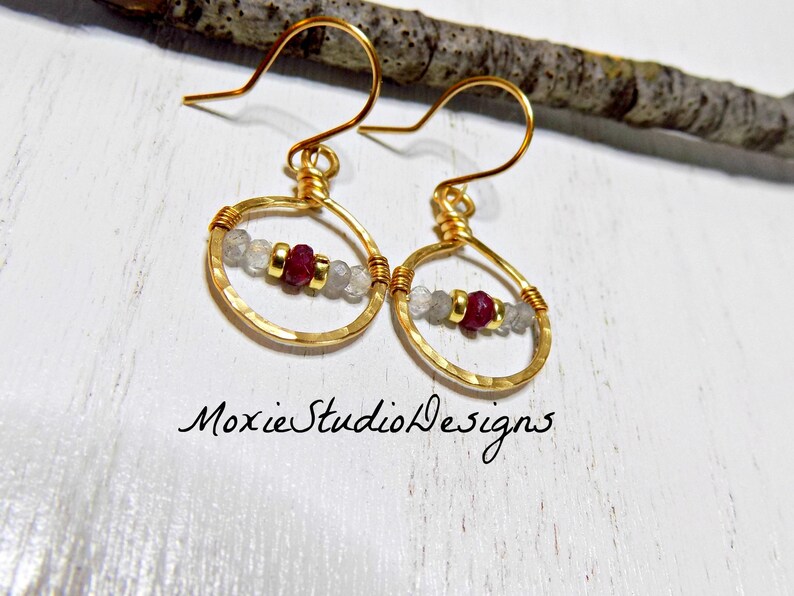 Dainty Gold Hoops Labradorite and Ruby Earrings,14K Gold and Ruby Earrings Small Boho Earrings Ruby Boho Earrings