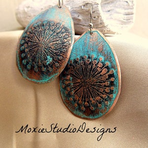 Rustic Turquoise Blue Dandelion Earrings, Copper Boho Earrings,  Unique Earrings, Bohemian Earrings, Boho Earrings, Etched Copper Earrings