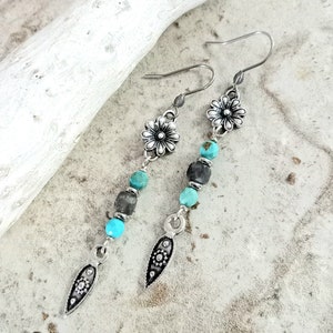 Silver Dangle Earrings, Turquoise and Labradorite, Gemstone Dangle Earrings, Gemstone Boho Earrings, Silver and Turquoise Earrings image 4