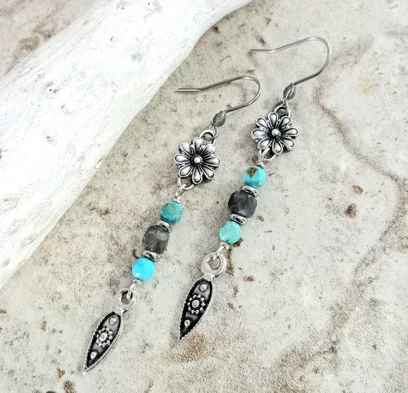 Silver Dangle Earrings, Turquoise and Labradorite, Gemstone Dangle Earrings, Gemstone Boho Earrings, Silver and Turquoise Earrings image 4