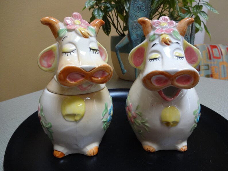 Vintage Cow Creamer and Sugar Bowl Set Marked Japan Lefton Etsy