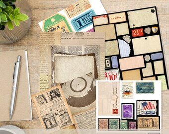 vintage junk journal ephemera printable, vintage tickets for scrapbooking digital download, collage art supplies, card making embellishments