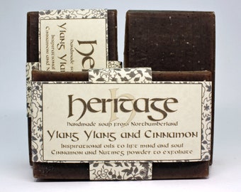 Handmade Soap bar with Ylang Ylang and Cinnamon essential oils. 100% Natural Ingredients. Olive, Coconut, Shea, Cocoa, Hemp.