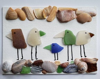 Beach Bird Art | Authentic Sea/Bay Glass and Shells | 5x7 Canvas | Handmade One of a Kind