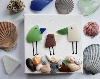 Beach Bird Art | Authentic Sea/Bay Glass and Shells | 4x4 Canvas | Handmade One of a Kind