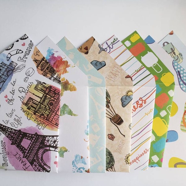 Travel-Themed Gift Card and Scrapbook Envelopes Handmade, Assorted Set of 8