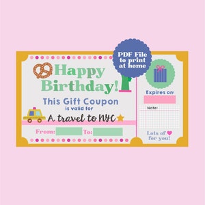 Printable Happy Birthday Coupon To NYC - Jumbo Birthday Custom Gift Voucher Template | Gift Certificate to New York City