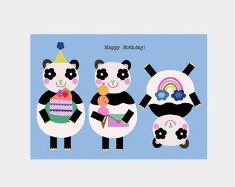 Happy Birthday Postcard - Pandas Postcard | Colorful Stationery For Kids | Whimsical Cards For Birthday