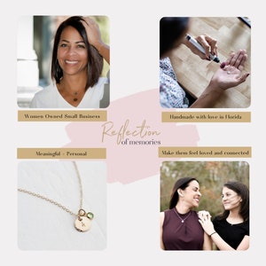 May include: A gold necklace with a small round charm and two green gemstones. The necklace is on a white background. The text "Reflection of memories" is written in gold script on a pink background.