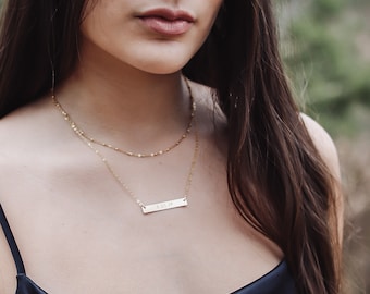 Gold Bar Necklace - Layered Necklace set of 2 - Double Strand Initial Necklace - Layering Necklace - Personalized Bar with Dew Drop Necklace